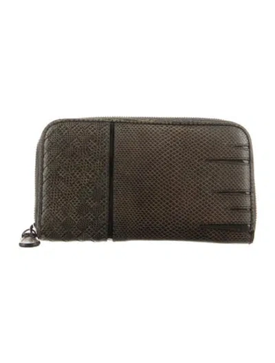 Pre-owned Bottega Veneta Intrecciato Weave Lizard Continental Wallet In Green