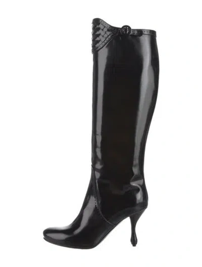 Pre-owned Bottega Veneta Intrecciato Weave Patent Leather Boots In Black