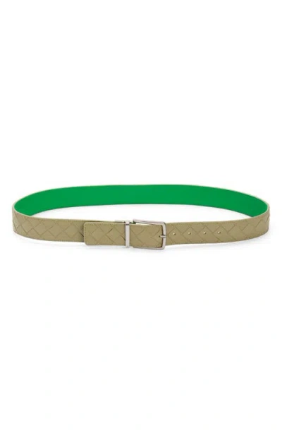 Bottega Veneta Intrecciato Weave Reversible Belt In Travertine/parakeet/silver
