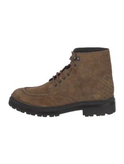 Pre-owned Bottega Veneta Intrecciato Weave Suede Lace-up Boots In Brown