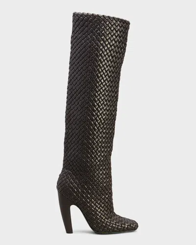 Bottega Veneta Intrecciato Woven Lambskin Knee Boots In Black