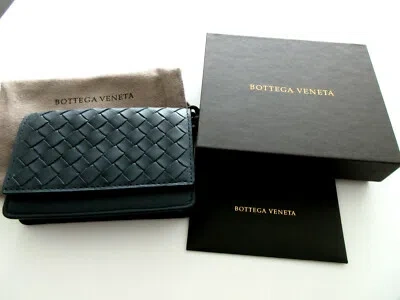 Pre-owned Bottega Veneta Intrecciato Woven Leather Small Card Case Wallet In Blue
