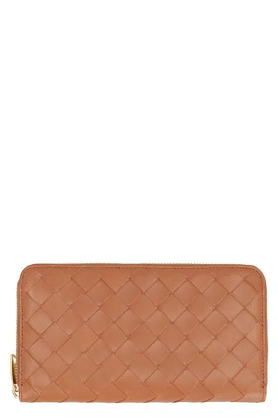 Bottega Veneta Intrecciato Zip-around Wallet In Brown