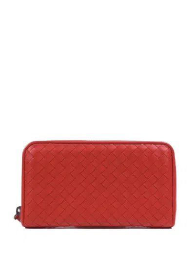 Pre-owned Bottega Veneta Intrecciato Zip-around Wallet In Red