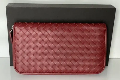 Pre-owned Bottega Veneta Intrecciato Zipper Calf Leather Wallet Baccara Rose 518389 In Pink