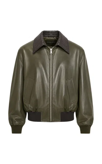 Bottega Veneta Intrecciato-collar Leather Blouson Jacket In Brown