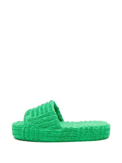 Pre-owned Bottega Veneta Intrecciato-effect Towelling Slides In Green