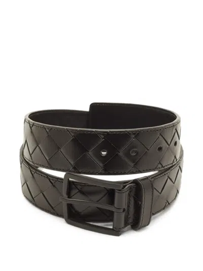 Pre-owned Bottega Veneta Intrecciato-leather Buckle Belt In Black