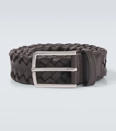 Bottega Veneta Intreccio Cabat Leather Belt In Brown