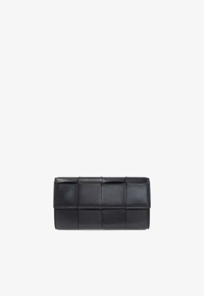 Bottega Veneta Intreccio Leather Flap Wallet In Black