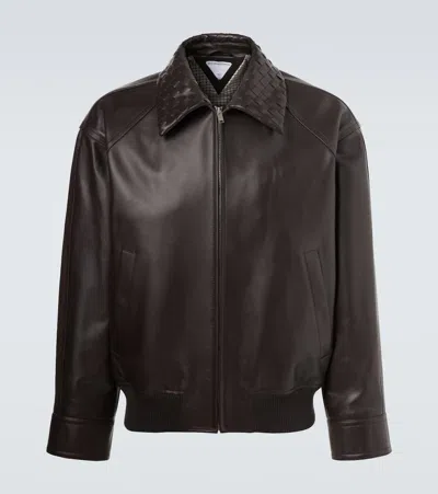 Bottega Veneta Men Brown Jacket With Classic Collar With Intrecciato Motif And Elastic Trims In Leat In Green