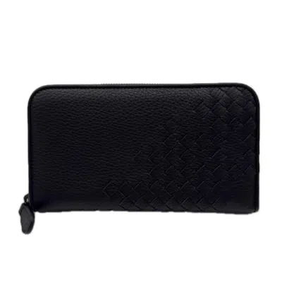 Pre-owned Bottega Veneta Intreccio Navy Leather Long Wallet (bi-fold) ()