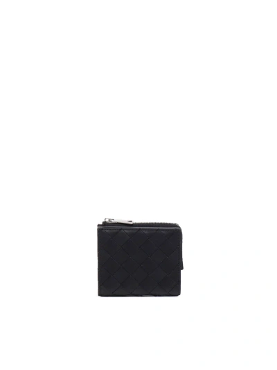 Bottega Veneta Intreccio Wallet In Calfskin In Black-silver