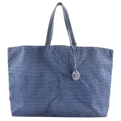 Pre-owned Bottega Veneta Intrecciolusion Tote Printed Nylon Navy Nylon Tote Bag Bag () In Blue