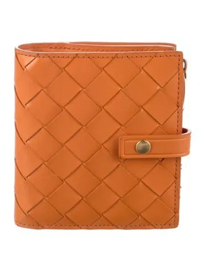 Pre-owned Bottega Veneta Intreciatto Fold-over Mini Wallet Intrecciato Weave Bifold Wallet In Orange