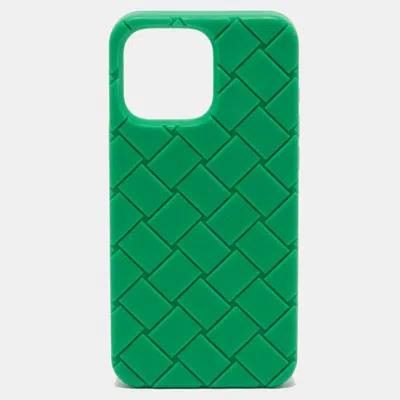 Pre-owned Bottega Veneta Iphone 14 Pro Cover Green Intrecciato Rubber