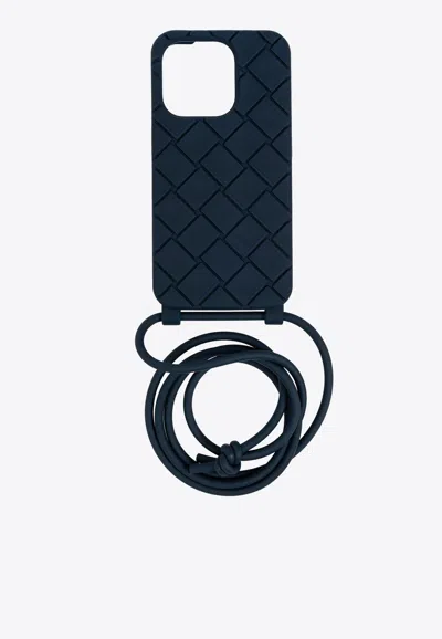 Bottega Veneta Iphone 15 Pro Max Intrecciato Case With Strap In Deep Blue