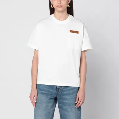 BOTTEGA VENETA IVORY T-SHIRT WITH INTERWOVEN PATTERN PATCH