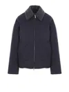 Bottega Veneta Intrecciato Leather Collar Tech Nylon Puffer Jacket In Blue