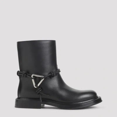 Bottega Veneta Women Black Ankle Boots With Metallic Detail On The Side And Applied Laces In Leather