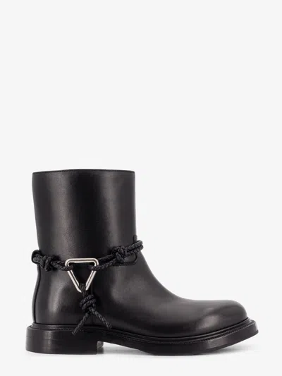 Bottega Veneta Women Black Ankle Boots With Metallic Detail On The Side And Applied Laces In Leather