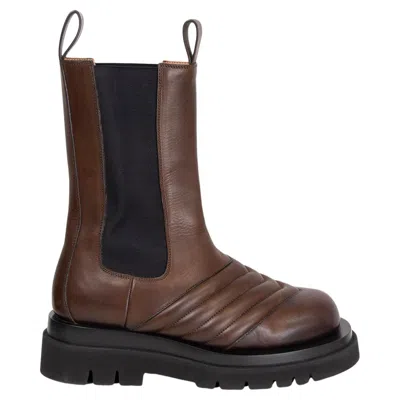 Pre-owned Bottega Veneta Khaki Brown Leather Chevron Lug Mid Calf Chelsea Boots Shoes 40