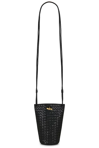 Bottega Veneta Kiss Kiss Phone Bucket Bag In Black & Brass Vibrato
