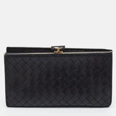 Pre-owned Bottega Veneta Kiss Lock Frame Black Intrecciato Leather Continental Wallet