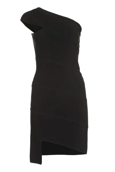 Bottega Veneta Asymmetric One-shoulder Ribbed Knitted Mini Dress In Nero