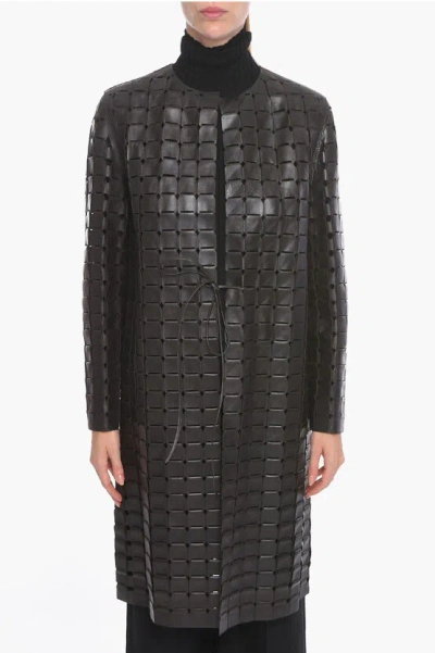 BOTTEGA VENETA KNITTED LEATHER SATINE COAT WITH DRAWSTRING
