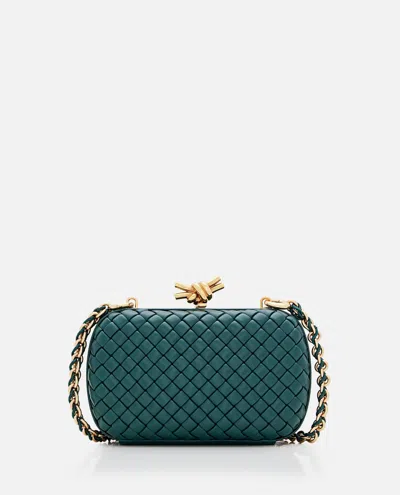 Bottega Veneta Knot Leather Clutch Bag W/chain In Emerald Green-m Bras