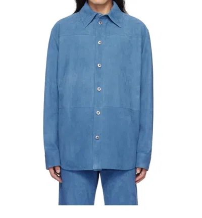 Bottega Veneta Lapel Long-sleeved Leather Jacket In Blue