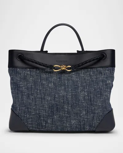 Bottega Veneta Large Andiamo Denim Boucle Crossbody Bag In Navy White