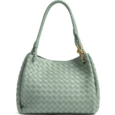 Bottega Veneta Large Andiamo Intrecciato Leather Top Handle Bag In New Sauge- Brass