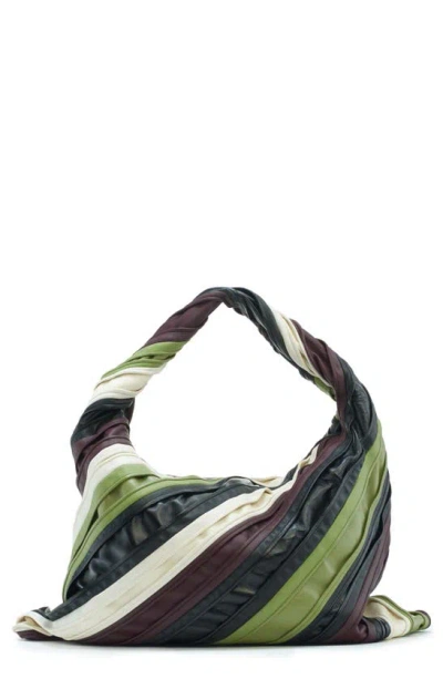 Bottega Veneta Large Hob Stripe Leather Hobo Bag In Black/ Green Multi