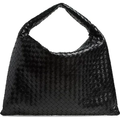 Bottega Veneta Large Hop Intrecciato Leather Hobo Bag In Black