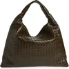 Bottega Veneta Large Hop Intrecciato Leather Hobo Bag In 3387 Kaki-m Brass