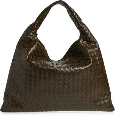 Bottega Veneta Large Hop Intrecciato Leather Hobo Bag In 3387 Kaki-m Brass
