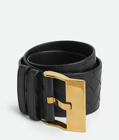 Bottega Veneta Cintura Intrecciato Leather Belt In 1019 Black-m Brass
