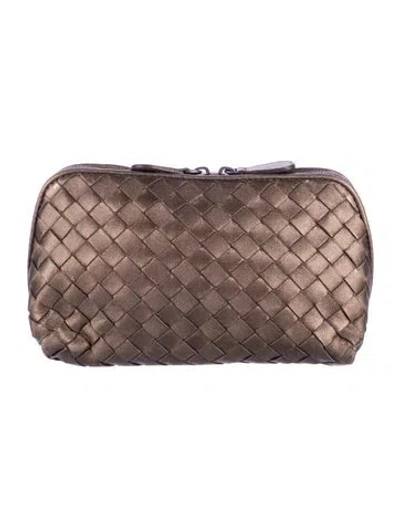 Pre-owned Bottega Veneta Leather Basket Weave Cosmetic Bag In Brown