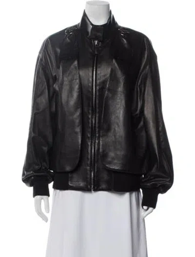 Pre-owned Bottega Veneta Leather Bomber Jacket In Black