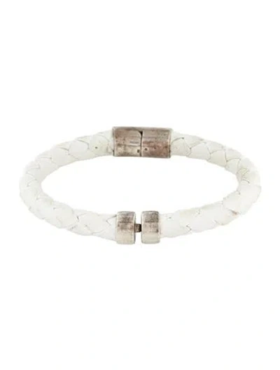 Pre-owned Bottega Veneta Leather Braided Hinged Bangle Bracelet, 6.25" In White