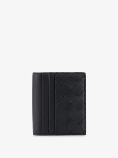 Bottega Veneta Leather Card Holder With Intrecciato Motif In Black