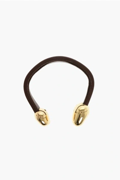 Bottega Veneta Leather Cuff Bracelet With Brass Details In Black