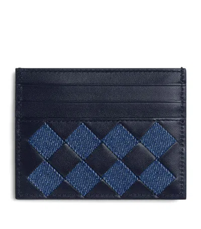 Bottega Veneta Leather-denim Intrecciato Card Holder In Blue