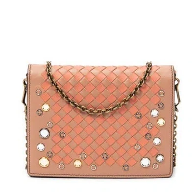 Pre-owned Bottega Veneta Leather Flap Wallet On Chain In Orange