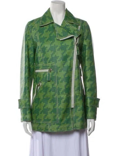 Pre-owned Bottega Veneta Leather Houndstooth Print Biker Jacket In Green