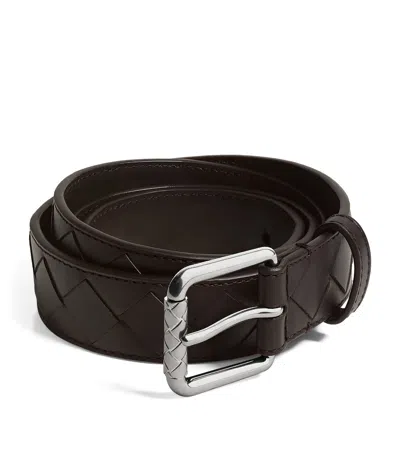 Bottega Veneta Leather Intrecciato Buckle Belt In Brown