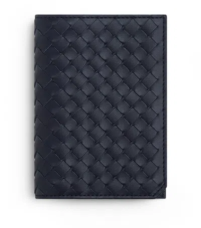 Bottega Veneta Leather Intrecciato Flap Card Holder In Blue