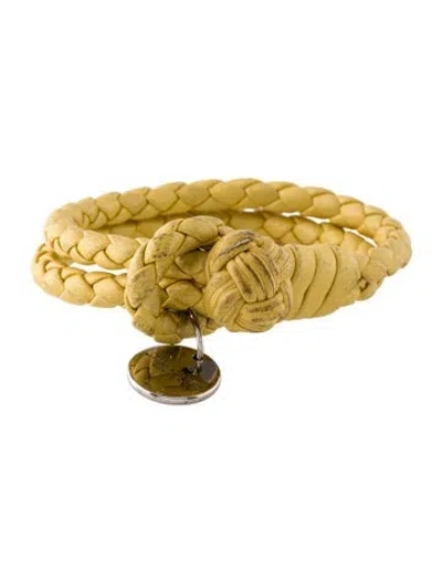 Pre-owned Bottega Veneta Leather Intrecciato Knot Wrap Bracelet In Yellow